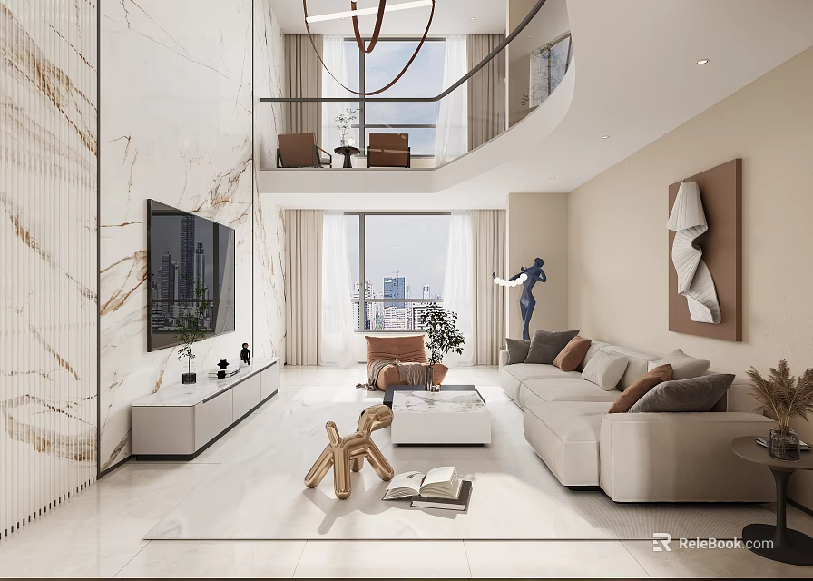 Modern Loft Living Room With Large Windows And Cozy Sofa 3d model