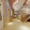 Child Friendly Elevator Hallway With Orange Benches Decorative Paintings And Curved Ceiling 3d model