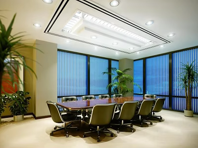 Modern Conference Room Interior With Large Table Ergonomic Chairs Blue Blinds Windows And Green Plants 3d model