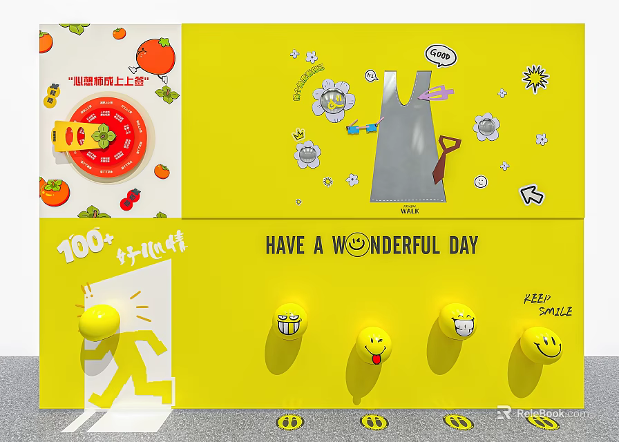 Interactive Zone With Yellow Background Cartoon Elements Smiley Buttons And Wonderful Day Text 3d model 