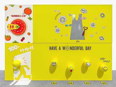 Interactive Zone With Yellow Background Cartoon Elements Smiley Buttons And Wonderful Day Text 3d model