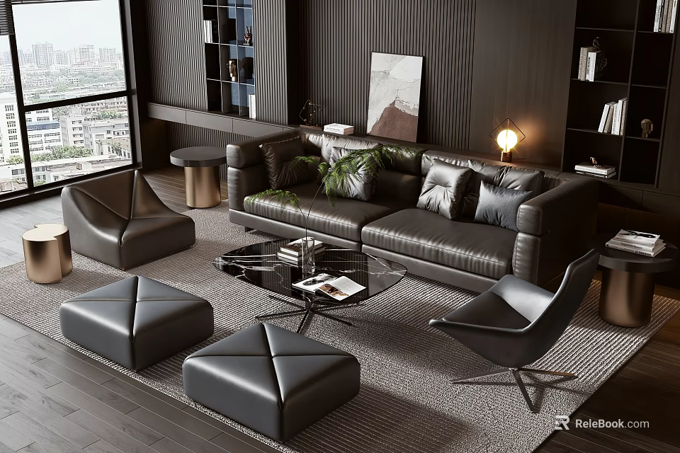 Modern Living Room Leather Sofa Coffee Table Set With Ottoman Accent Chairs And Green Plants 3d model 