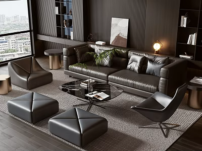 Modern Living Room Leather Sofa Coffee Table Set With Ottoman Accent Chairs And Green Plants 3d model