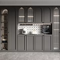 Modern Gray Wine Cabinet With Glass Doors LED Lighting And Tile Backsplash Cabinetry