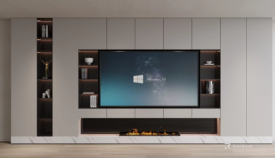 Modern TV Cabinet With Flat Screen TV Open Shelves Marble Countertop And Fireplace 3d model 