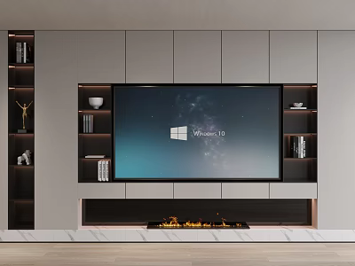 Modern TV Cabinet With Flat Screen TV Open Shelves Marble Countertop And Fireplace 3d model