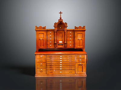 Antique Wooden Cabinet With Cross Carved Details And Tiered Drawers Structure 3d model