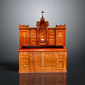 Antique Wooden Cabinet With Cross Carved Details And Tiered Drawers Structure