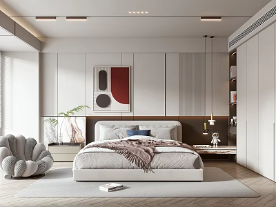 Modern Bedroom Interior Design With White Bed Abstract Painting Green Plant And Built in Wardrobe 3d model