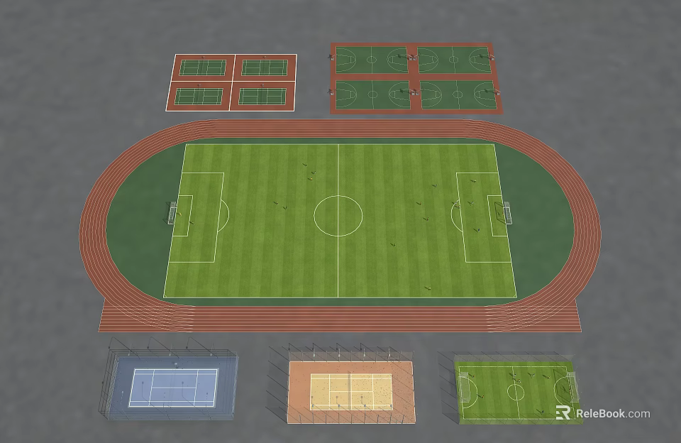 Football Field with Running Track and Multiple Sports Courts Layout 3d model 