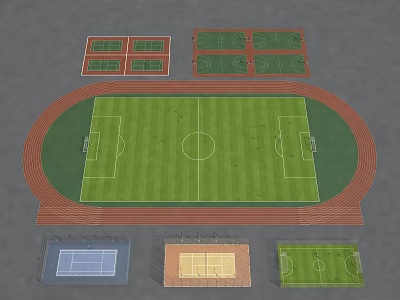 Football Field with Running Track and Multiple Sports Courts Layout 3d model