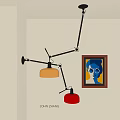 Modern Adjustable Arm Pendant Light With Yellow Red Shades And Framed Painting