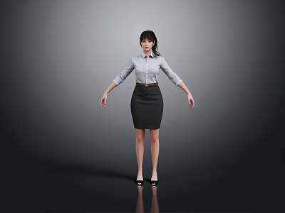 Professional Business Woman Wearing White Shirt Black Skirt Standing with Arms Outstretched Against Grey Background 3d model
