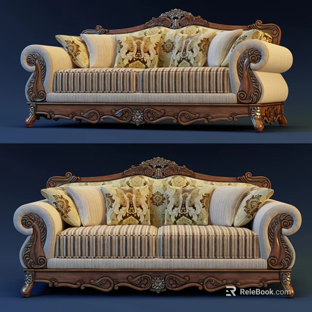 Traditional Two Seater Sofa With Carved Wooden Frame And Patterned Cushions 3d model 