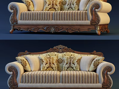 Traditional Two Seater Sofa With Carved Wooden Frame And Patterned Cushions 3d model