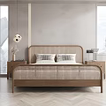 Modern Double Bed With Woven Headboard Pillows And Nightstands Table Lamps Near Windows
