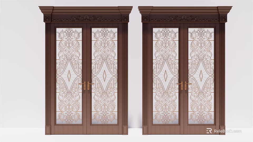 Elegant Wooden Double Doors With Intricate Patterned Glass And Golden Handles 3d model 