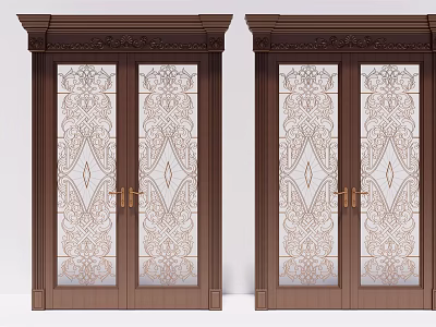 Elegant Wooden Double Doors With Intricate Patterned Glass And Golden Handles 3d model