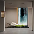 Interior Landscape Design With Waterfall Backdrop Curved White Ornament Green Plants And Black Marble Base