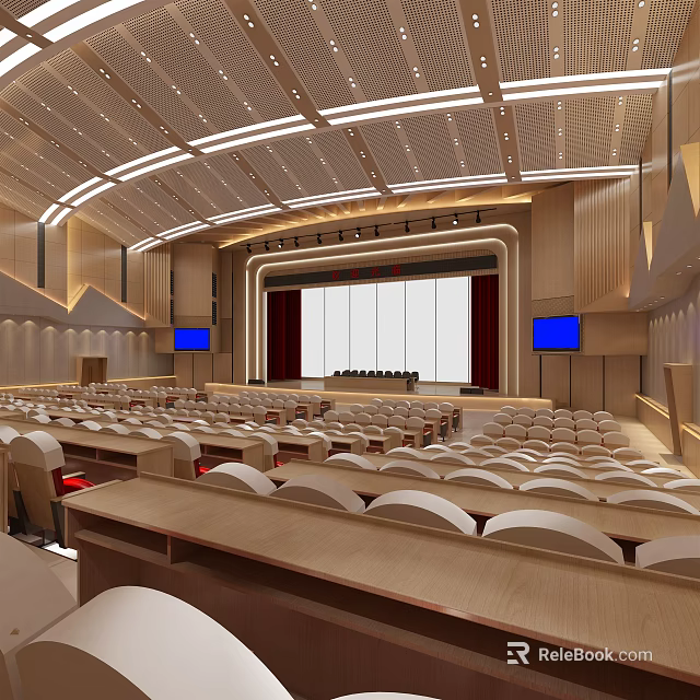 Modern Conference Room with Wooden Decor Seats Large Screen and Blue Screens on Sides 3d model 