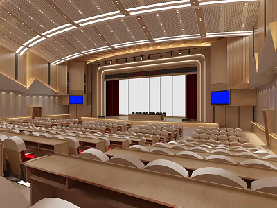 Modern Conference Room with Wooden Decor Seats Large Screen and Blue Screens on Sides 3d model