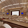 Modern Conference Room with Wooden Decor Seats Large Screen and Blue Screens on Sides