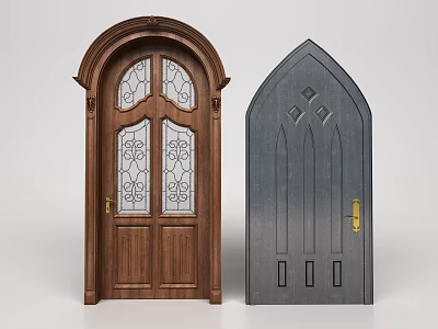 Wooden And Gray Swing Doors With Glass Panels And Geometric Patterns 3d model