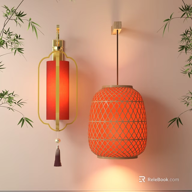 Red And Orange Chinese Lanterns With Gold Frame Grid Design And Bamboo Leaves 3d model 