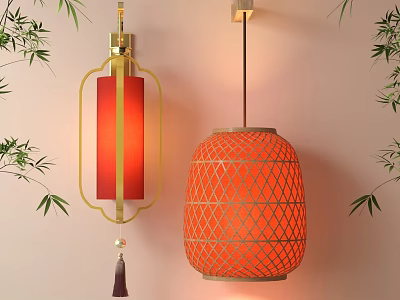 Red And Orange Chinese Lanterns With Gold Frame Grid Design And Bamboo Leaves 3d model