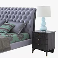 Double Bed With Tufted Gray Headboard Green Patterned Bedspread And Nightstands With Blue Table Lamps 3d model