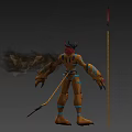 Game Fantasy Character With Yellow Body Horned Head Black Wings Sharp Claws And Spear