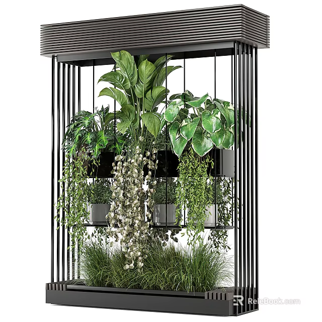 Bonsai Potted Plants On Black Metal Multi Layer Frame With Hanging And Large Leaf Plants 3d model 