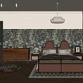 Vintage Bedroom Interior With Dark Floral Wallpaper Upholstered Bed And Wooden Dresser