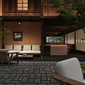 Traditional Japanese Café with Courtyard Wooden Design Stone Path Green Plants Sofas and Serene Atmosphere