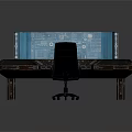 Futuristic Control Desk With Blue Illuminated Panels And Ergonomic Chair