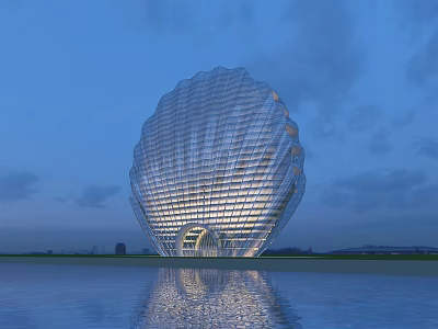 Stunning Shell Shaped Glass Hotel Building Illuminated With Evening Water Reflection 3d model