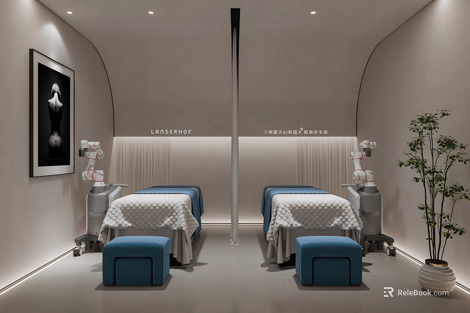 Modern Beauty Salon Interior With Treatment Beds Blue Stools Wall Art And Plant 3d model 