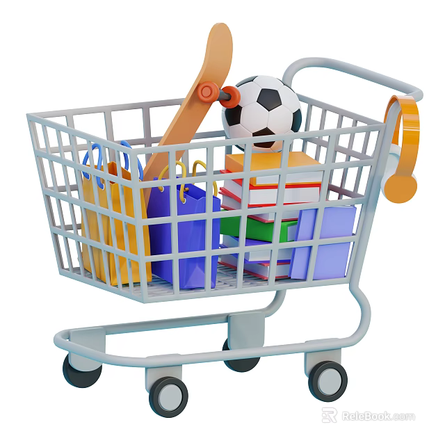Creative Decorative Ornament Set With Skateboard Soccer Ball Shopping Bags And Books In Shopping Cart 3d model 