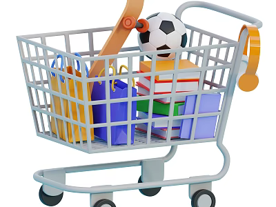 Creative Decorative Ornament Set With Skateboard Soccer Ball Shopping Bags And Books In Shopping Cart 3d model
