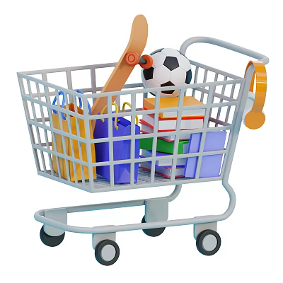 Creative Decorative Ornament Set With Skateboard Soccer Ball Shopping Bags And Books In Shopping Cart 3d model