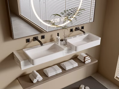 Modern Bathroom Vanity With Round Mirror Double Sinks Towels And Toiletries 3d model