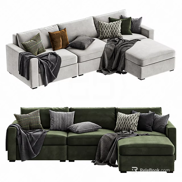 Light Gray and Dark Green Multi Seater Sofa with Multiple Decorative Pillows and Cozy Throws 3d model