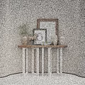 Modern Console Table With Wooden Top White Legs Potted Plant Framed Art Mirror And Vases