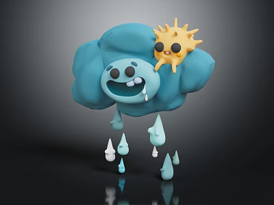 Cartoon Blue Cloud With Smiling Face And Yellow Sun With Raindrops 3d model