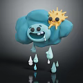 Cartoon Blue Cloud With Smiling Face And Yellow Sun With Raindrops