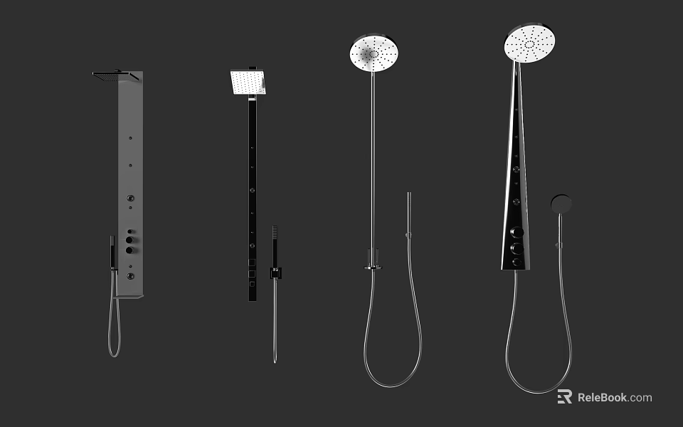 Modern Shower Head Designs Including Handheld Overhead And Control Panel Fixtures 3d model