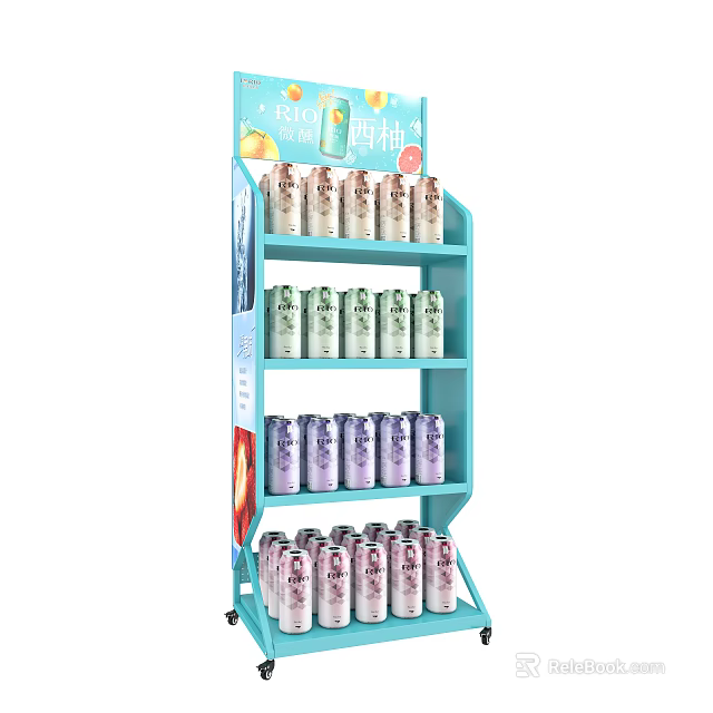 Multi tiered Retail Display Shelf With Colorful Beverage Cans And Assorted Drinks 3d model