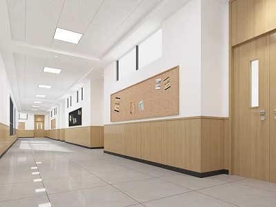 Spacious School Hallway Featuring Wooden Bulletin Boards White Walls And Ceiling Lights 3d model