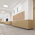 Spacious School Hallway Featuring Wooden Bulletin Boards White Walls And Ceiling Lights