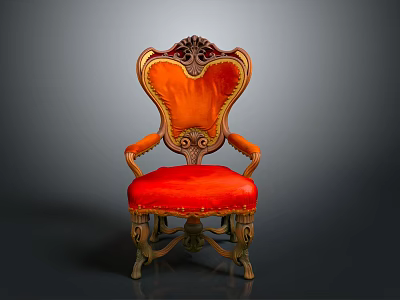 Classical Single Chair with Ornate Carved Wooden Frame and Vibrant Red Orange Upholstered Seat 3d model